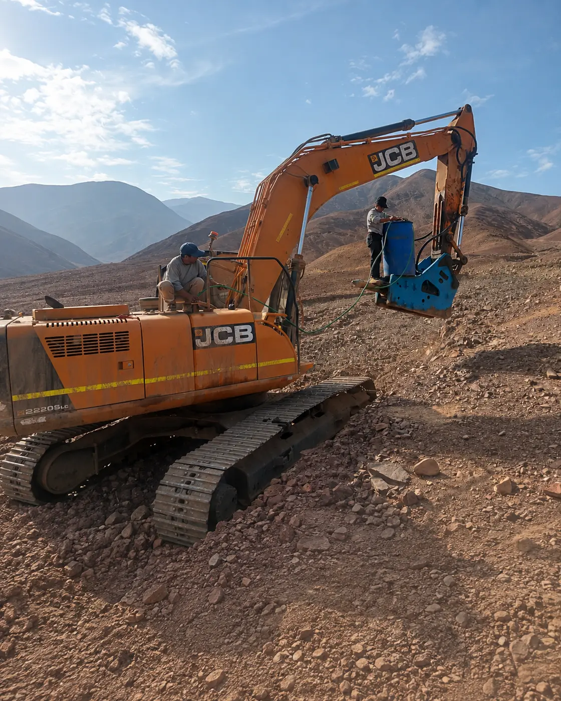 Excavadora y personal realizando soporte técnico en una operación minera